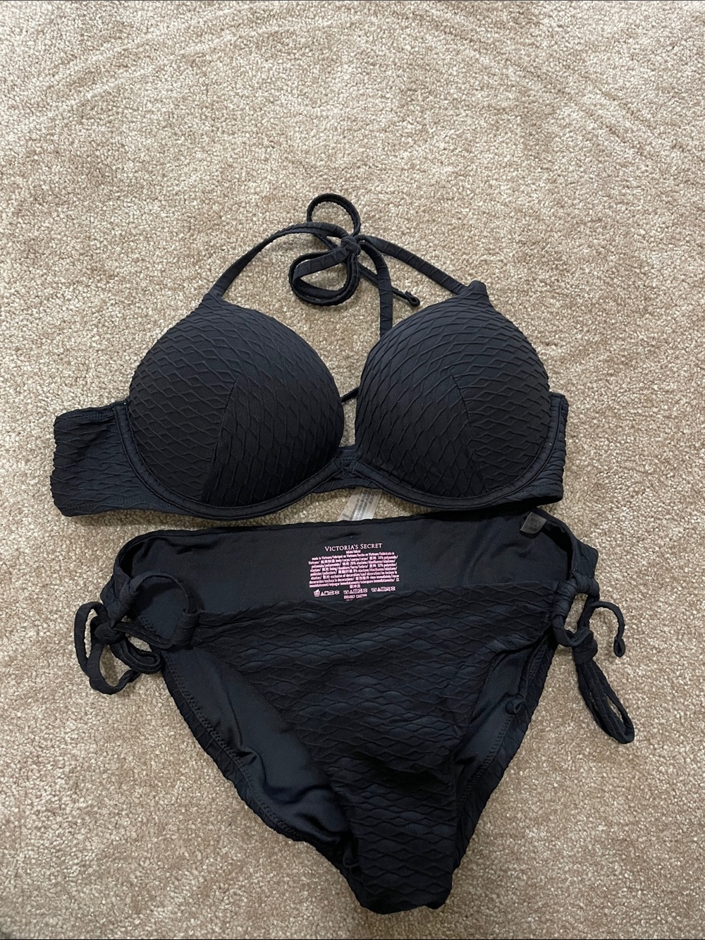 Victoria's Secret Black Textured Halter Push-Up Bikini Set